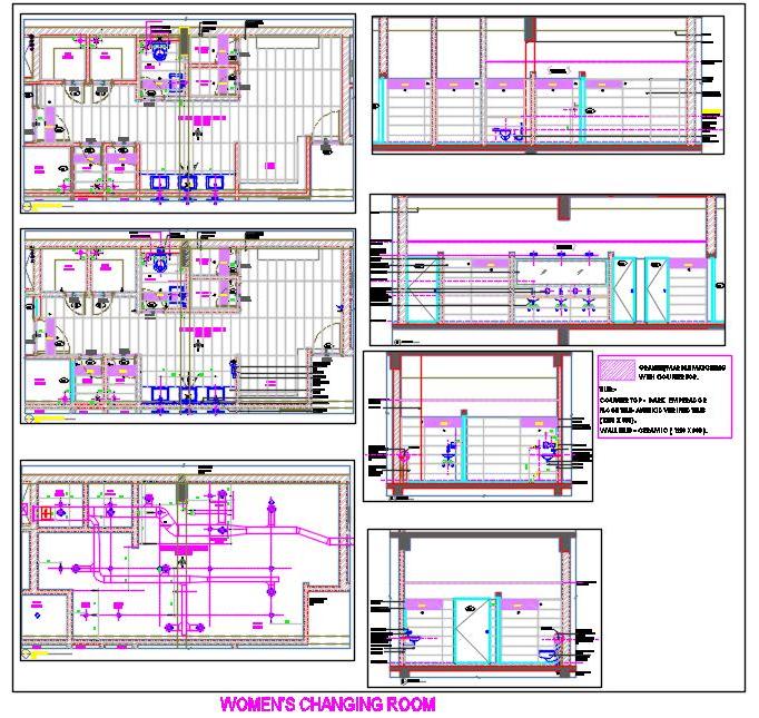 Women Locker Room DWG Detailed Layouts and Elevations